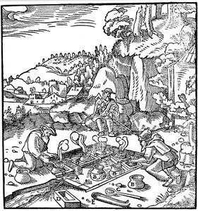 Verdampfungstöpfe mit Sole in einer natürlichen heißen Quelle zur Salzgewinnung, 1556 von Unbekannt