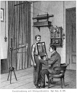 Untersuchung des Thorax eines Patienten mit einer Röntgenröhre und einem Fluoreszenzschirm, 1903