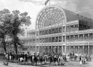 Außenansicht des Nordquerhauses des Kristallpalastes, London, erbaut für die Große Ausstellung, 1851