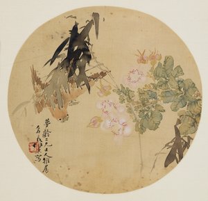 Fächer-Malerei - Blume und Vogel von Unbekannt