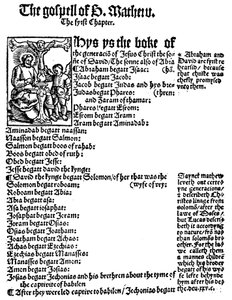 Erste Seite des Matthäus-Evangeliums aus William Tyndales englischem Neuen Testament, 1525