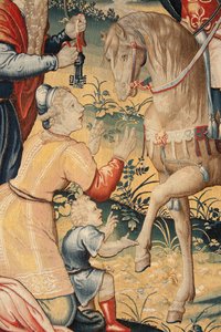 Flämischer Wandteppich. Serie Die Geschichte von Hannibal. Hannibal in Italien. Dritter Wandteppich der erhaltenen. Modelle anonymer Meister der Niederlande. Herstellung Brüsseler Werkstätten. Ca. 1570. Stoff Wolle und Seide von Unbekannt