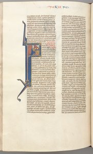 Fol. 412v, Lukas, historiierte Initiale F, Lukas betet an einem Altar, Büste Gottes darüber, um 1275-1300 von Unbekannt