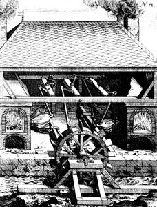 Schmiede mit Blasebalg, angetrieben durch ein unterschlächtiges Wasserrad, 1673