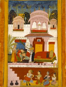 Verlassene Dame mit Dienerinnen, Darstellung des musikalischen Modus Patamanjari Ragini, 1695-1700