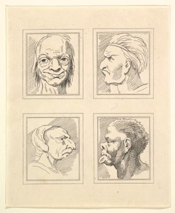 Vier Köpfe aus Characaturas von Leonardo da Vinci, nach Zeichnungen von Wincelslaus Hollar, 1786 von Unbekannt