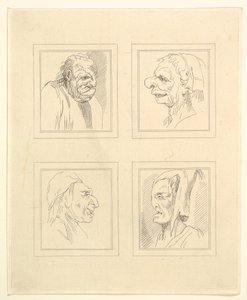 Vier Köpfe aus Characaturas von Leonardo da Vinci, nach Zeichnungen von Wincelslaus Hollar (1786)