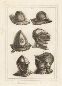 Französischer Eisenkesselhelm 1,2, gravierte Stahlkappe aus dem 16. Jahrhundert 3, großer heller Helm 4, offener Helm 5, verzierter Helm mit Visier 6
