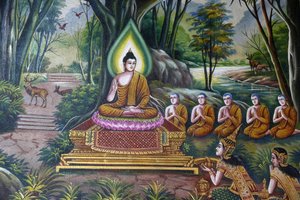 Fresko, das Buddha mit Anhängern darstellt, Wat Chiang Mun, Chiang Mai, Thailand von Unbekannt