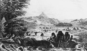 Feuerländer in Woollya, mit dem Lager der Fitzroy-Expedition im Hintergrund, 1831-1839 von Unbekannt