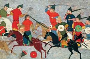 Dschingis Khan im Kampf. Miniatur aus Jami al-tawarikh Universalgeschichte, ca. 1430 von Unbekannt