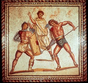 Gladiatoren in der Arena, römisches Mosaik, Saarbrücken, Deutschland