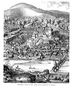 Schloss Heidelberg und Stadt über den Neckar gesehen, Deutschland, 1620