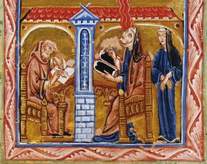 Hildegard empfängt eine Vision in Anwesenheit ihres Sekretärs Volmar und ihrer Vertrauten Richardis von Unbekannt