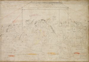 Hindu-Gott Krishna wird für das Frühlingsfest Holi in Frauenkleider gehüllt, c. 1790 von Unbekannt