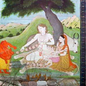 Heilige Familie am Verbrennungsplatz, zeigt Siva, Parvati und Ghanesh, 19. Jahrhundert
