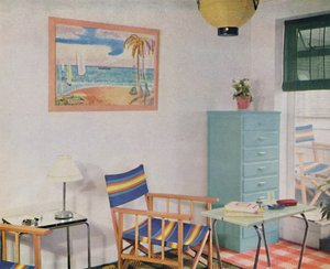 In dieser kleinen Londoner Wohnung wurde preiswertes Mobiliar verwendet, 1940 von Unbekannt