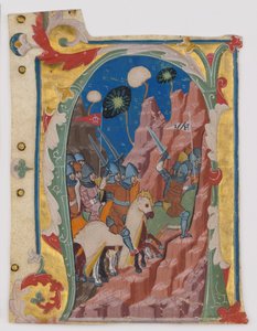 Initiale A mit der Schlacht der Makkabäer, italienisch, ca. 1360-70