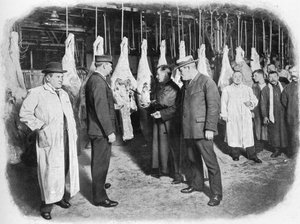Fleischinspektion auf dem Smithfield Market, City of London, ca. 1903