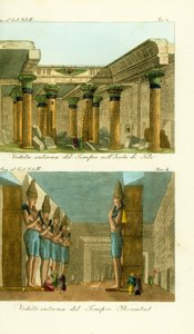 Innenraum des Tempels der Isis auf der Insel Philae, Nubien, und Innenraum des Großen Tempels von Ramses II in Abu Simbel (Ibsambul), Nubien von Unbekannt