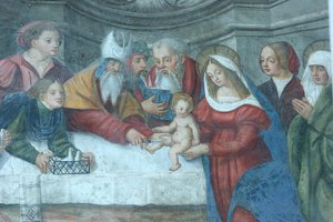 Jesus im Tempel Fresko an der Tür der Kathedrale Santa Maria, Aosta, Italien