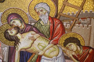 Jesus vom Kreuz genommen, Detail des Mosaiks, Grabeskirche, Jerusalem, Israel
