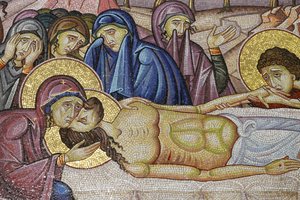 Jesus im neuen Grab von Joseph von Arimathäa, Detail des Mosaiks, Grabeskirche, Jerusalem, Israel