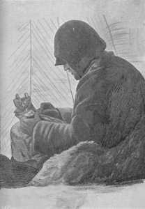 Johansen sitzt im Schlafsack in der Hütte, ca. 1893-1896, 1897