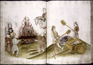 Johannes Hus wird am 6. Juli 1415 auf dem Scheiterhaufen verbrannt und seine Asche in den Rhein geworfen aus: Ulrich Richental Chronik des Konzils, 1414-1418 von Unbekannt