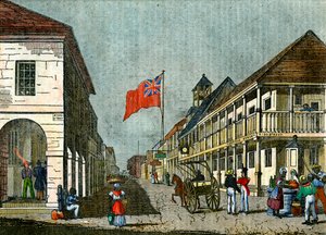 Kreuzung von Harbour Street und King Street, Kingston, Jamaika, um 1835