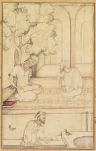 Kabir und zwei Anhänger auf einer Terrasse recto, Kalligraphie verso, um 1610-1620