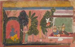 Kama zielt mit seinem Bogen auf Radha: Seite aus einem verstreuten Gita Govinda von Unbekannt