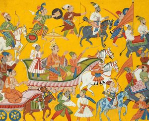 König Dasaratha und sein Gefolge auf dem Weg zur Hochzeit von Rama: Folio aus dem Shangri