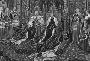 König Edward VII. und Königin Alexandra bei der Eröffnung des ersten Parlaments Seiner Majestät, 1901 von Unbekannt