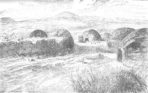 Kraal, wo Prinz Louis Napoleon und seine Gruppe absattelten und beschossen wurden, ca. 1880 von Unbekannt