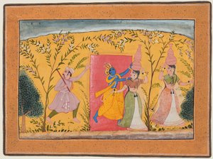 Krishna fordert eine Maut von den Milchmädchen, aus einem Bhagavata Purana, ca. 1600 von Unbekannt
