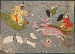 Krishna kämpft gegen die Söhne von Vanasura: Szene aus dem Aniruddha Usha Abschnitt von Krishna Lila, um 1840 von Unbekannt