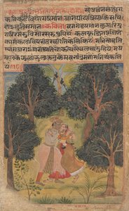 Krishna umwirbt Radha: Seite aus dem verstreuten Boston Rasikapriya Liebesbreviarium, ca. 1610