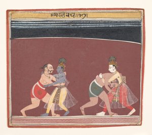 Krishna und Balarama kämpfen gegen die bösen Wrestler des Königs Kamsa, ca. 1650