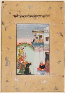 Krishna und Gemahlin auf einem Palastbalkon mit Musikern: Vukharo Ragaputra von Bhairav