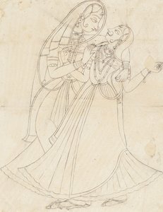 Krishna als Frau verkleidet umarmt Radha, 19. Jahrhundert von Unbekannt