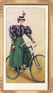 Dame auf Fahrrad mit geteiltem Rock, 1939