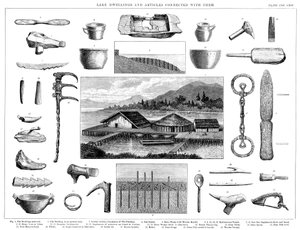 Pfahlbauten und zugehörige Artefakte vom Zürichsee, Schweiz, 1888 von Unbekannt