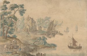 Landschaft mit Pferden und Karren und einem Fluss rechts, 18. Jahrhundert