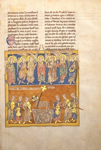 Blatt aus einem Beatus-Manuskript: Sieben Engel halten die Schalen der sieben letzten Plagen..., ca. 1180 von Unbekannt