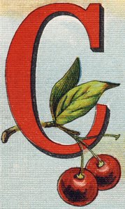 Buchstabe C: Kirschen. Gravur in "Alphabet de ma petite fille". Bernardin-Bechet und Fils, Buchhändler-Verleger, Paris, um 1895. Unzerbrechliches Album auf Leinwand. Bibliotheque des Bebes. 12 Seiten. Album mit einer Lesemethode und einem illustrierten Abe