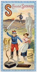 Buchstabe S: Sonne, Aussaat, Sämann, Diener, Erstaunen, Soldat, Schwert, Sattel, Schlange, Statue, Huf, Tasche. Gravur des Alphabets herausgegeben von Chocolat Suchard, Anfang des 20. Jahrhunderts. 24 Chromolithographien, die Orte, Charaktere und Objekte d von Unbekannt