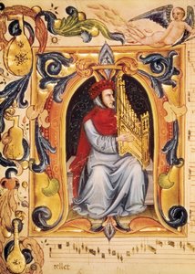 Lettrine mit einem Mann und einer Orgel, Beginn einer Partitur aus dem Codex Squarcialupi von Unbekannt