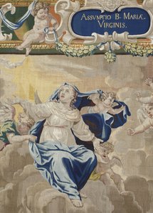 Leben der Jungfrau: „Die Himmelfahrt“ Detail Wandteppich aus Wolle und Seide hergestellt in der Werkstatt von Pierre Damour nach den Zeichnungen von Charles Poerson (1609-1667) von Unbekannt