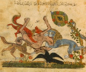Löwe besiegt ein Kamel, Kalila Wo-Dimna, arabisch-spanisches Märchenbuch, 13. Jahrhundert von Unbekannt
